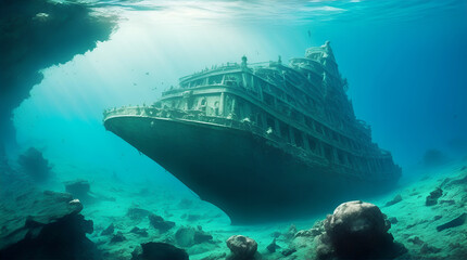 A sunken ship on the seabed. Generation  AI - obrazy, fototapety, plakaty
