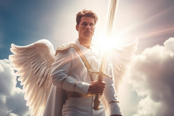 A shining angel in white clothes with a sword in his hand in the sky on the clouds, a defender of goodness and justice, a warrior of light, generation AI - obrazy, fototapety, plakaty