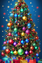 Richly decorated Christmas tree and gifts under the tree