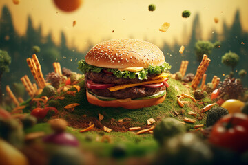 A delicious burger against the backdrop of nature. October 16 - World Food Day