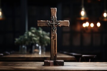 Old wooden cross in a church on a table on a blurred background, AI generation - obrazy, fototapety, plakaty