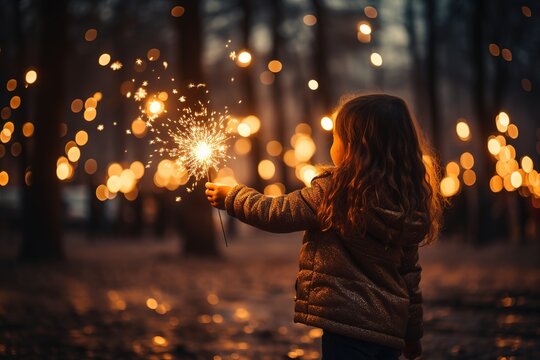 A little girl holds a sparkler in her hand during a New Year's Eve celebration