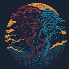 A vibrant illustration of two cannabis trees intertwined in a colorful fireburn, with smoke and ocean waves in the background, in a traditional Japanese style artwork. Detailed design for streetwear a