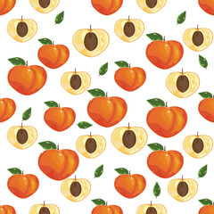 Seamless peaches and fruits Creative patterns for fabrics, packages, textiles, wallpapers, and clothing. Vector illustration for children's cute fruit background.