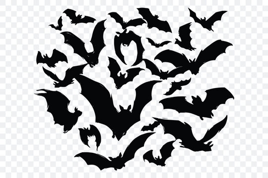 A flock of bats isolated on transparent background. Black silhouettes of flying bats in different poses. Hand drawn style. Scary element for Halloween design. Vector illustration