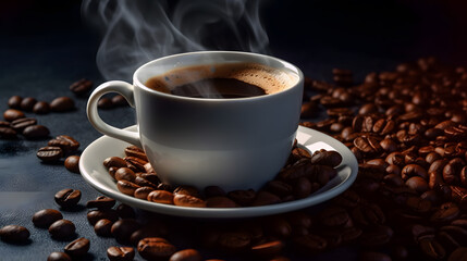 Fototapeta premium low angel shot of a black steaming coffee surrounded by fresh coffee beans, Generative Ai 