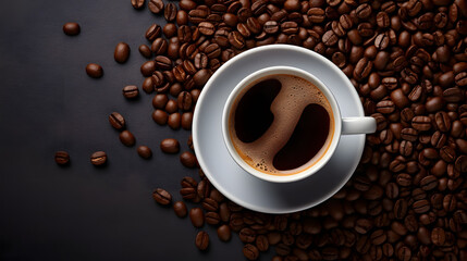 Naklejka premium Over head shot of a black coffee surrounded by fresh coffee beans, Generative Ai 