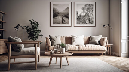 White and wooden living room corner with sofa and poster