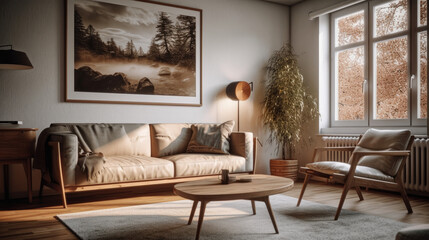 White and wooden living room corner with sofa and poster