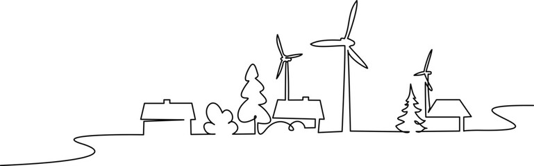 Landscape with Wind mills and houses, wind generator energy