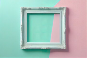 Blank decorative art frame mockup on wall pastel green and pink. Mockup template to showcase your design, banner for advertising. Generative AI.