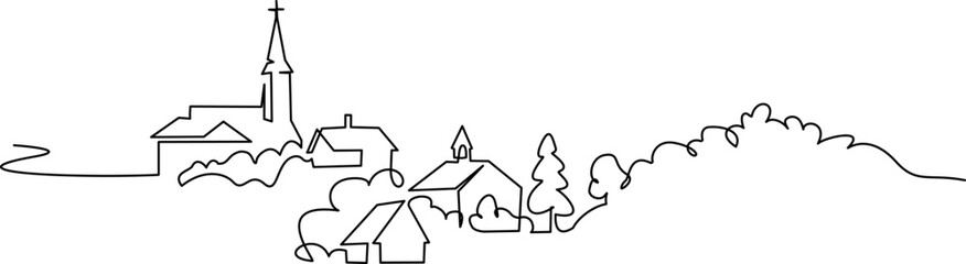 Village with church. Continuous one line art drawing style. - 640002316