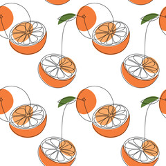Orange seamless pattern vector. Line continuous hand drawn branch with leaves. Outline backdrop illustration. Exotic citrus fruit background. Food wallpaper, kitchen print, poster, package design.