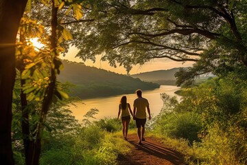 A couple of travelers walking on a beautiful tropical island. Generative AI