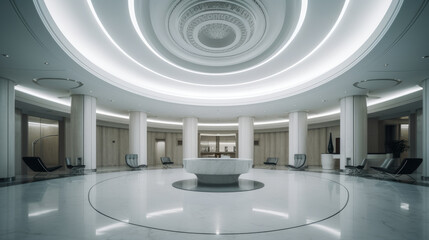 White lobby with a circular ceiling.