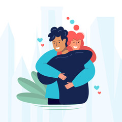 Meeting and parting of lovers or relatives. People hug. Girl hugging boyfriend - vector illustration in flat style. Concept - farewell, meeting, hug