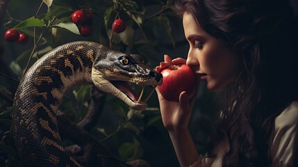 eva in the garden of eden with the snake and the apple - obrazy, fototapety, plakaty