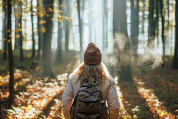 Foggy cold morning weather in autumn. Woman with backpack and knit hat hiking in forest at fall season