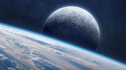 Moon globe on orbit of Earth planet in deep dark space. Exploration of the Moon. Lunar space...