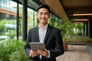 Happy professional young asian business man, company employee, korean male corporate manager, businessman office worker holding digital tablet standing in office - obrazy, fototapety, plakaty