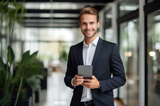 Happy professional young business man, company employee, male corporate manager, businessman office worker holding digital tablet standing in office. generative AI