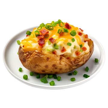 Tasty hot stuffed potatoes with cheddar cheese, green onions and bacon on white 