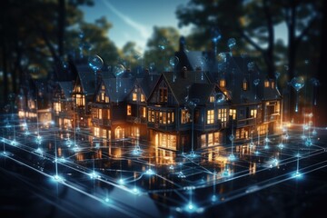 Digital community, smart homes and digital community. Digital network in society concept. suburban houses at night with data transactions.