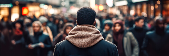 A young man stands in the middle of crowded street. Alone man standing still on a busy street with people walking past, digital ai