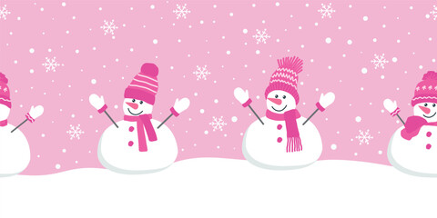 Cute snowmen on pink. Seamless border. Christmas background. Funny snowmen in pink hats and scarfs under snow. Vector illustration