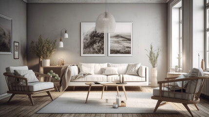 Naklejka na ściany i meble White sofa and armchairs in scandinavian style home interior design of modern living room.
