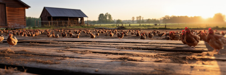 Empty rustic old wooden boards table copy space with free range chicken farm in background. Product display template. Generative AI