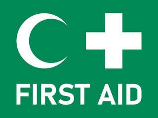 Red First Aid Kit Sign including Crescent or Half Moon and Cross Icon. Vector Image.