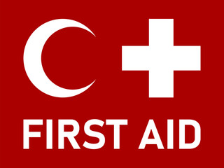 Red First Aid Kit Sign including Crescent or Half Moon and Cross Icon. Vector Image.