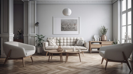 Fototapeta na wymiar White sofa and armchairs in scandinavian style home interior design of modern living room.