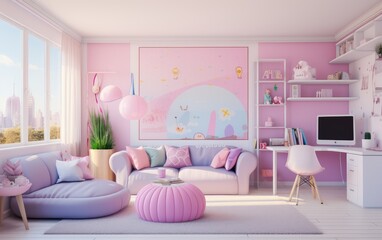 Stylish interior of a children's room in pink color. room for little girls.
