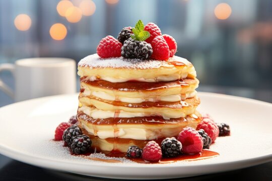 classic american pancakes with berries and maple syrup for breakfast