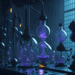 A futuristic laboratory filled with mysterious beakers and bubbling concoctions.