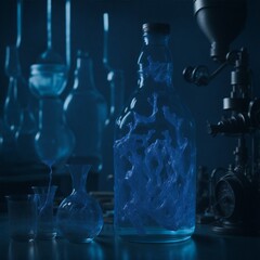 A beaker of bubbling blue liquid sits atop a laboratory table, surrounded by a flurry of research notes and scientific instruments.