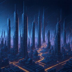 A futuristic landscape of a cyber cityscape, illuminated by a network of big data streams and blockchain data fields.