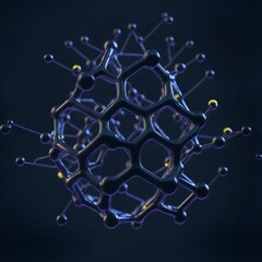 A detailed 3d rendering of a molecular structure, illuminated by a bright light against a dark, scientific backdrop.