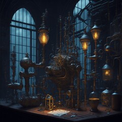 A steampunk-inspired science laboratory, with intricate machinery and bubbling beakers.