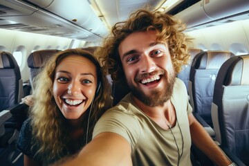 Happy tourist taking selfie inside airplane - obrazy, fototapety, plakaty