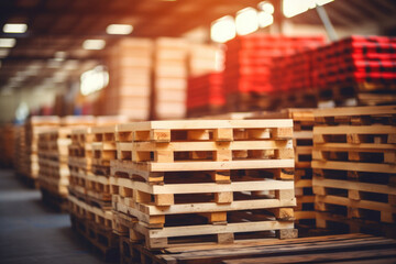 Wooden pallets stacked in a warehouse on blurred background. Generative AI