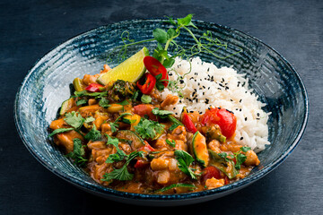 Dinner chicken stew with tomatoes, sweet peppers, beans, zucchini, sauce and rice.