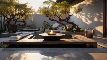 Fototapeta premium A garden design in a backyard with an outdoor bench, in the style of song dynasty, minimalist ceramics, western zhou dynasty, large