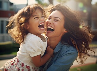 A baby's infectious laughter harmonizing with the joyful presence of her mother, as they stroll together outdoors, basking in the beauty of the moment.