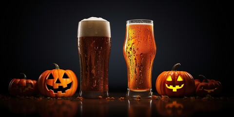 halloween pumpkin and glass of beer, tasty drink