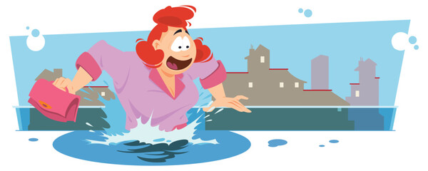 Business woman is sinking in deep puddle. Illustration for internet and mobile website.