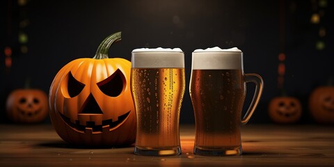 tasty beer and pumpkin on table, halloween promo, restaurant banner