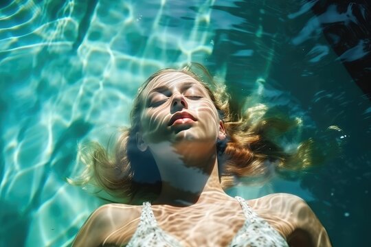 High angle view of woman relaxing in the swimming pool